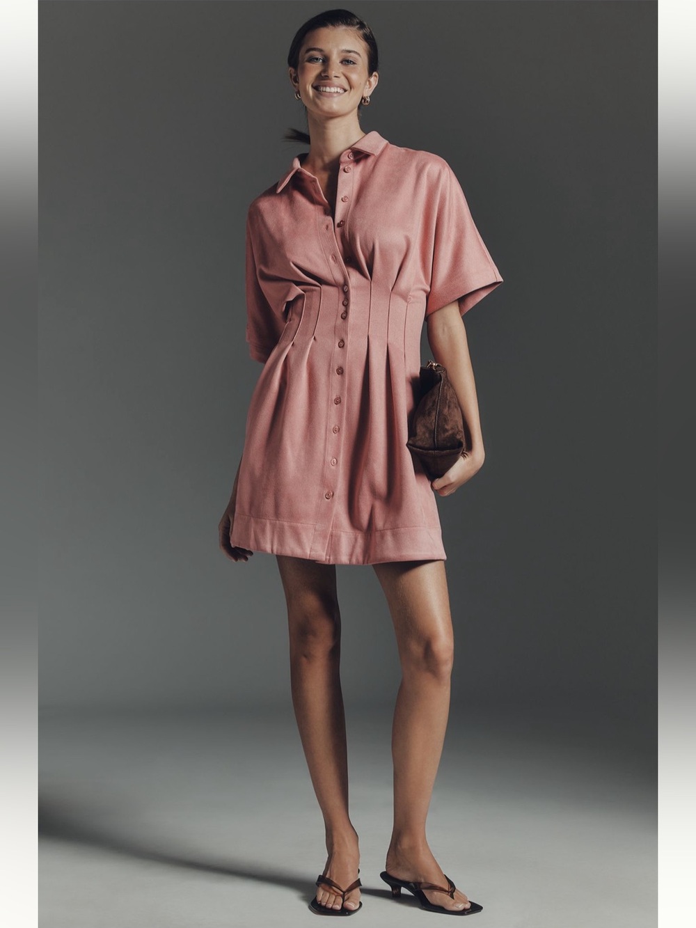 Anthropologie Romantic Barbiecore Tobie Pink Faux Suede Mini Shirt Dress XL NWT